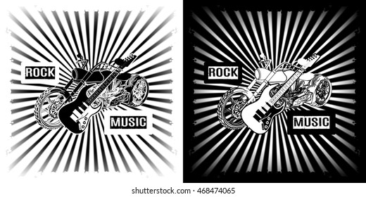 Rock Music Chopper motorcycle with an electric guitar, black and white clipart.