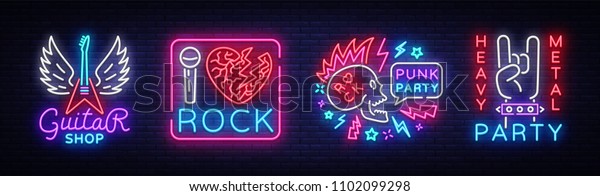 Rock Music collection Neon Signs Vector. Rock
music set logos, Guitar Shop, night neon signboard, design element
invitation to Rock party, concert, festival, night bright
advertising. Vector