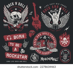 Rock music colorful set emblems with hand heavy metal musician doing rocker gesture and skulls with cool guitars vector illustration