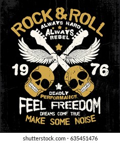 rock music concept tee print design as vector with skull illustration