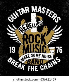 rock music concept vector design with guitar and wings for tee print