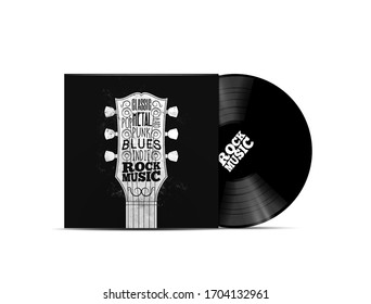 Concepto de música rock. Mockup disco vinílico con portada de estilo rock-n-roll para la lista de reproducción de música o álbum. Aislado sobre fondo blanco. Ilustración del vector