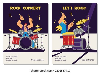 Rock music concert banners bundle with cartoon funny drummers, flat vector illustration. Set of banners or posters for rock music festival or performance.