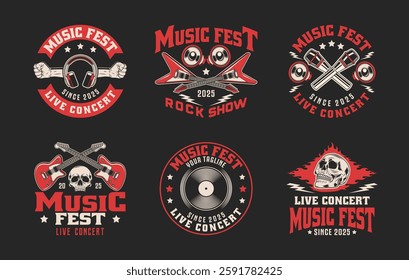 Rock music concert logo badge vector template bundle. Retro hard rock concert and rockers music club logo vector design. Set of design elements for rock and roll music concert