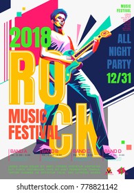 Rock music concert poster, bass guitar player in WPAP style, pop art portrait for rock music festival