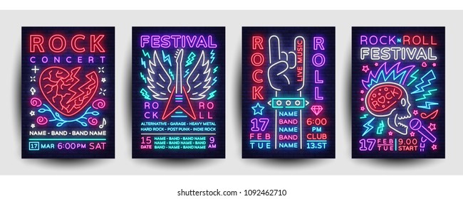 Rock music concert poster collection vector. Design Template Rock Music Festival Flyers set, Neon Style, Neon Banner, Light Flyer, Concert Invitation, Rock Roll Music, Night Party Invitation. Vector