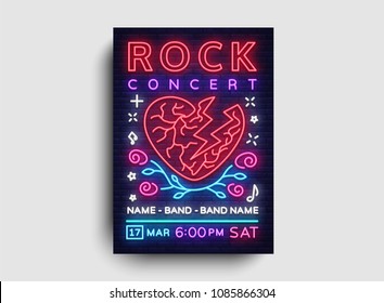 Rock music concert poster vector. Design Template Rock Music Festival, Neon Style, Neon Banner, Light Flyer, Concert Invitation, Rock and Roll Music, Night Party Invitation. Vector illustration