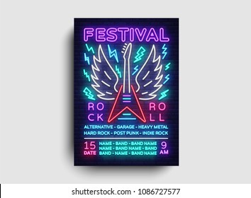 Rock music concert poster vector. Design Template Rock Music Festival, Neon Style, Neon Banner, Light Flyer, Concert Invitation, Rock Roll Music, Night Party Invitation. Vector illustration