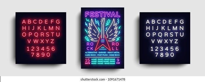 Rock music concert poster vector. Design Template Rock Music Festival, Neon Style, Neon Banner, Light Flyer, Concert Invitation, Rock Roll Music, Night Party Invitation. Vector. Editing neon sign