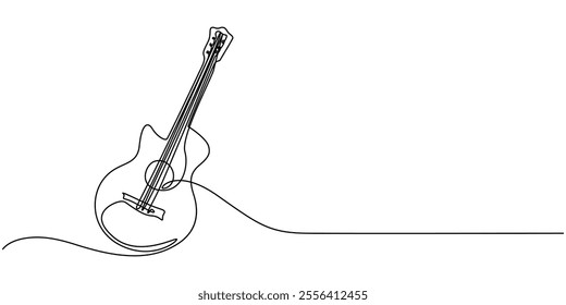 Rock Music Continuous Line Illustration, Thin line icon of an electric bass music instrument on white background, Guitar Icon with Editable Stroke, Electric Guitar, Vector illustration of Acoustic.