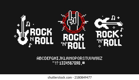 Rock Music design in Pixel Art style vector template. Pixelated Rock n roll designs with guitar and hand Rock symbol for print tee, apparel and poster design. Rock music design in retro game style