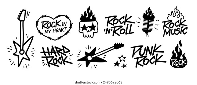 Rock Music Doodle collection with hand drawn typography. Rock n Roll Party elements and signs set of rockers guitar, skull, fire or flame, microphone, etc. Editable vector