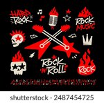 Rock Music Doodle Elements Vector Set 2. Rock Party icons set of rockers guitar, skull, fire or flame, microphone, crown etc. Punk Rock icons collection. Rock n Roll pattern elements for print design