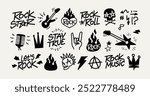 Rock Music Doodle Elements Vector Collection. Rock Party icons set of rockers guitar, skull, fire or flame, microphone, crown etc. Punk Rock icons collection. Rock n Roll elements for print design