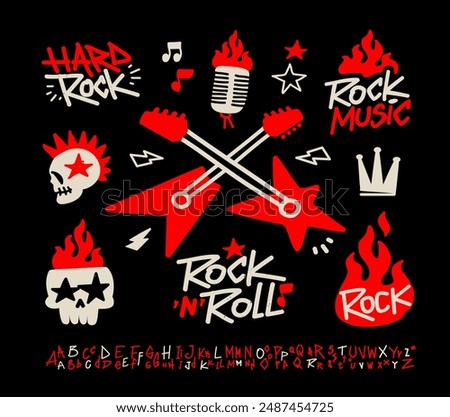 Rock Music Doodle Elements Vector Set 2. Rock Party icons set of rockers guitar, skull, fire or flame, microphone, crown etc. Punk Rock icons collection. Rock n Roll pattern elements for print design