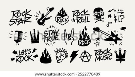 Rock Music Doodle Elements Vector Collection. Rock Party icons set of rockers guitar, skull, fire or flame, microphone, crown etc. Punk Rock icons collection. Rock n Roll elements for print design