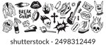 Rock music doodle icon set, vector hand drawn grunge punk tattoo, dark scribble sticker, skull, lips. Gothic emo ink line object, guitar, fire flame, urban subculture leather jacket. Hard rock doodle