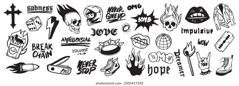 Rock music doodle icon set, grunge punk tattoo, vector hand drawn dark scribble sticker, skull, lips. Gothic emo ink line object, fire flame, urban subculture leather jacket. Hard rock doodle, cross