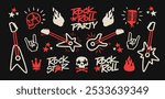 Rock Music Doodle icons collection for Rock Party and apparel print design.  Rock n Roll pattern element set of rockers guitar, skull, fire or flame, microphone, crown etc. Punk Rock icons collection