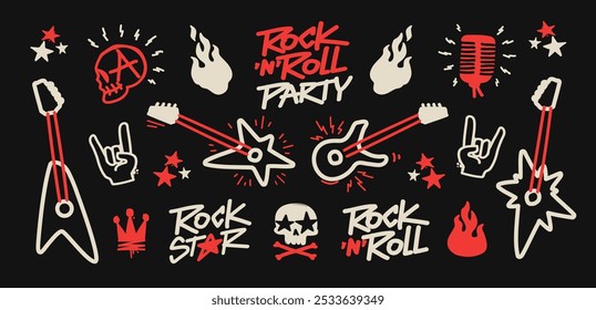 Rock Music Doodle icons collection for Rock Party and apparel print design.  Rock n Roll pattern element set of rockers guitar, skull, fire or flame, microphone, crown etc. Punk Rock icons collection