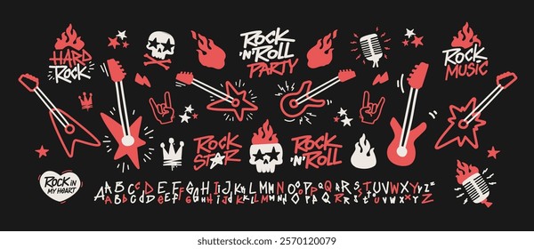 Rock Music Doodle icons collection for Rock Party and apparel print design. Rock n Roll pattern element set of rockers guitar, skull, fire or flame, microphone, crown etc. Punk Rock icons collection