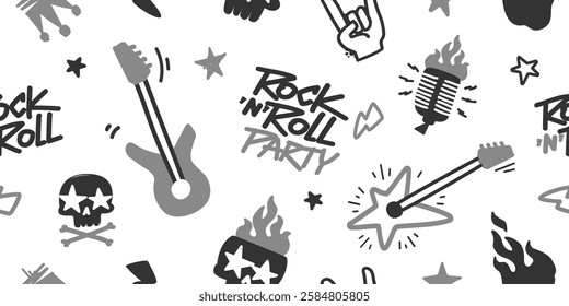 Rock Music Doodle seamless pattern for apparel print. Pattern with funny Rock n Roll element set of guitar, skull, fire or flame, microphone, crown. Rock Party background for print fabric