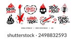 Rock Music Doodle Signs and Elements vector collection. Rock n Roll Party icons set of rockers guitar, skull, fire or flame, microphone, etc. Punk Rock icons collection red and black colors 