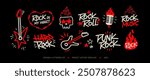 Rock Music Doodle Signs and Elements vector collection. Rock n Roll Party icons set of rockers guitar, skull, fire or flame, microphone, etc. Punk Rock icons set for tee print and apparel design