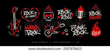 Rock Music Doodle Signs and Elements vector collection. Rock n Roll Party icons set of rockers guitar, skull, fire or flame, microphone, etc. Punk Rock icons set for tee print and apparel design