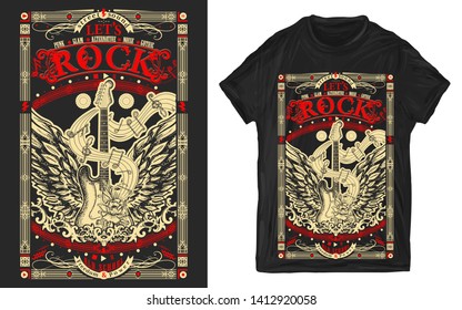 Rock music. Electric guitar with wings. Print for t-shirts and another, trendy apparel design. Heavy metal, Let's Rock slogan. Musical old school art 