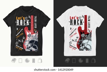 Música de rock. Guitarra y cráneo de Electro. Lema de Let's Rock. Impresión musical moderna para pantalones en t y otro diseño de ropa de moda