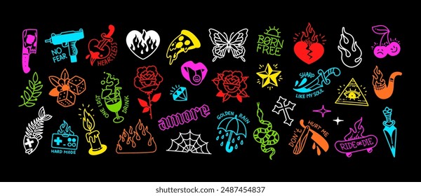 Rock Music elements and Retro Tattoo vector icons and pattern collection. Rock and Pop Art Tattoo doodle aesthetic set: butterfly, cross, fire, flamed heart, rose and more