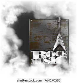 Rock music emblem with an iron model of an electric guitar in a frame of smoke.