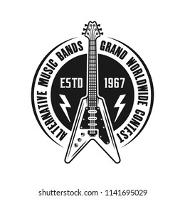 Rock music emblem, label, badge or logo in monochrome vintage style with electric guitar isolated on white background