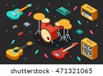 Rock Music Equipment 3D Isometric Illustration on Dark. Low Poly Flat Design. 
