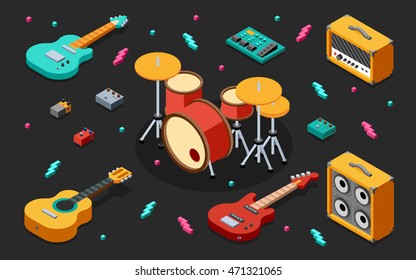 Rock Music Equipment Ilustração Isométrica 3D em Escuro. Design plano de baixo poli.