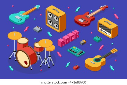 Rock Music Equipment 3D Isometric Illustration. Low Poly Flat Design. 