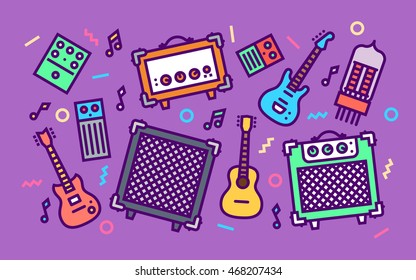 Rock Music Equipment Concept Line Art Bright Colors Illustration. Contemporary Trendy Vector Icons.
