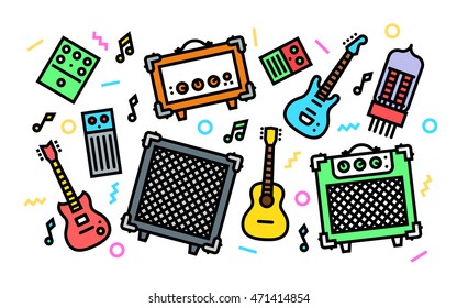 Rock Music Equipment Concept Line Art Illustration. Contemporary Trendy Vector Icons.