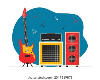 Rock equipo de música Red bass guitar con un pequeño amplificador de acento amarillo con altavoz negro, otro altavoz es rojo con un tamaño más grande, Ilustración vectorial rock n' roll.