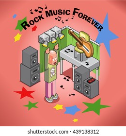 Rock music fan yelling at a stage with electric guitar, surrounded by huge loudspeakers, stars and notes (isometric illustration)
