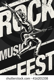 Rock Music Fest/ Festival Poster featuring a Rock Guitarist/ Singer playing an Electric Guitar while singing.