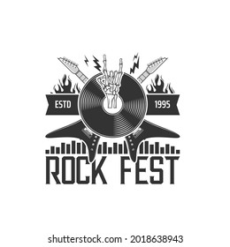 Rock music fest icon with vector rocker guitars, vinyl record, skeleton rock and roll horns, lightning bolts and fire flames. Hard rock music festival, live concert show and metal party emblem design