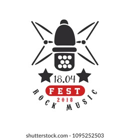 Rock music fest. logo, 18.04, black and red festival poster with vintage microphone vector Illustration on a white background
