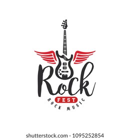 Rock music fest logo, emblem for Rock festival, guitar party, musical performance, design element can be used for poster, banner, flyer, print or stamp vector Illustration on a white background