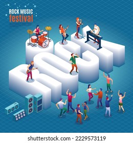 Rock Music Festival and 3d word Rock with rock band and dancing fans, modern concert poster, audio blog concept, Isometric Vector illustration on isolated background