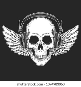 Rock music festival. Cool print for poster, banner, t-shirt. Skull wearing headphones with electric guitar. Heavy metal party. Rock-n-roll star