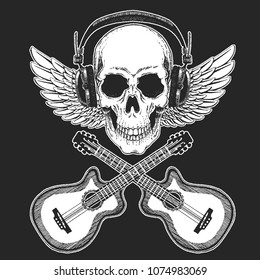 Rock music festival. Cool print for poster, banner, t-shirt. Skull wearing headphones with electric guitar. Heavy metal party. Rock-n-roll star