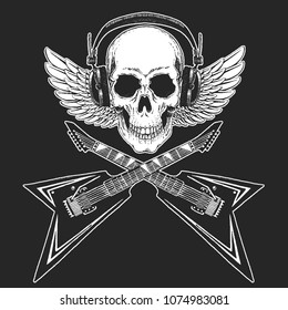 Rock music festival. Cool print for poster, banner, t-shirt. Skull wearing headphones with electric guitar. Heavy metal party. Rock-n-roll star