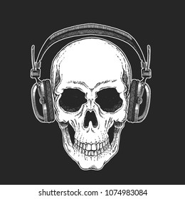 Rock music festival. Cool print for poster, banner, t-shirt. Skull wearing headphones